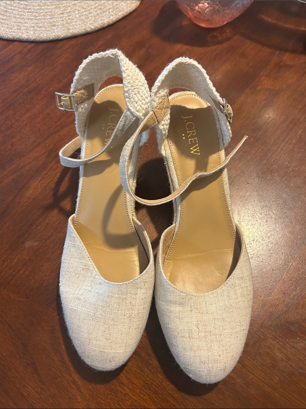 J.Crew Cream Linen Espadrille Wedge Sandals with Ankle Strap